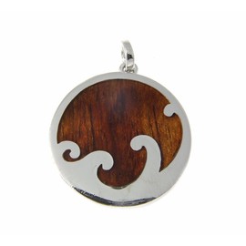 Arthur's Jewelry Koa Wood Hawaiian Scroll Ocean Surf Wave Circle Rhodium Plated Brass Reversible Pendant