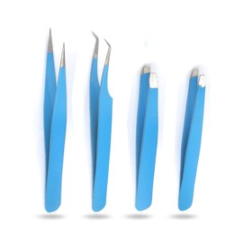 Precise Canada: Professional Tweezer Pack- 4 Tweezers Set- Ingrown Hair Remover Treatment. Premium Eyebrow Shaper. (Sky Blue) Color Tweezers With Pouch.