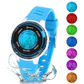 Juboos Children's Digital Watches, 7 Colours LED Light, Children's Sports Watch, Boys, Waterproof Children's Watch with Alarm Stopwatch, Children's Watches, Outdoor Watch for Boys Girls 5-18, blue