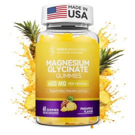 Magnesium Glycinate Gummies 600mg, Non-GMO, Gluten-Free, Magnesium Gummies for Adults & Kids, Sleep, Relaxation & Focus, Pineapple Flavor, 60 Count