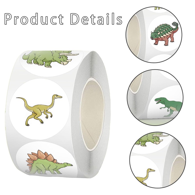 500PCS Round Dinosaur Stickers 2.5cm Kids Reward Stickers 8 Patterns
