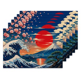 Washable Placemats Set of 6, Cherry Blossom Ocean Wave Mountain 12 x 18 Inch Linen Table Mats, Waterproof Stain Resistant Reusable Place Mats for Dining Table, Kitchen, Indoor Outdoor Home Decor