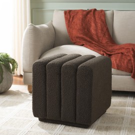 SAFAVIEH Home Collection Joseph Brown Boucle Channel Tufted Square Ottoman Seat Foot Rest (Fully Assembled)