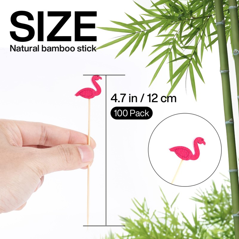 PuTwo Cocktail Picks Handmade Bamboo Toothpicks 100ct 4.7" in Flamingo