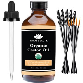 Joyal Beauty Aceite de ricino (4 onzas) USDA Orgánico 100% puro prensado en frío, sin hexano, de alta calidad, tamaño grande para el crecimiento del cabello, pestañas, cejas, barba y piel de . Incluye kit de máscara
