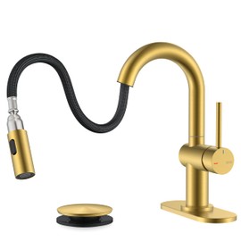 KENES Brushed Gold Single Handle Bathroom Faucet with Pull Out Sprayer, Pull Down Bathroom Sink Faucet with Sprayer, Vanity Bar Faucet with Pop Up Drain & Deck Plate, KE-9065B-4