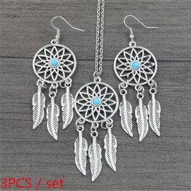 Handmade Bohemian Style Dreamcatcher Earrings and Necklace Set -Pendant, Feather Silver