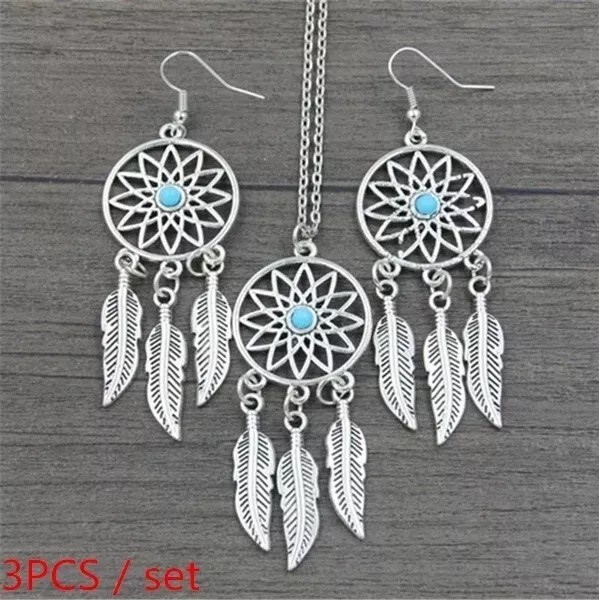 Handmade Bohemian Style Dreamcatcher Earrings and Necklace Set -Pendant, Feather