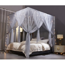 VETHIN 4 Corners Post Princess Bed Canopy Curtain Double Layer Cozy Drape Netting 4 Opening Mosquito Net for Girls & Adults Bedroom Decoration Accessories (Double Gray, 53" W*78" L*82"*H/(Full))