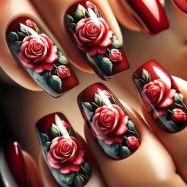 Valentines Press on Nails Medium Square SWEKKE Wine Red Fake Nails False Nails with Rose Flower Designs Glossy Glue on Nails Valentine's Day Acrylic Nails for Women Girls 24 Pcs