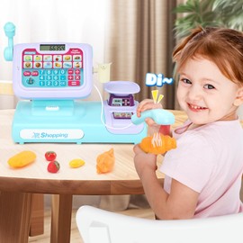 Children Toy Play Till Cash Register with Scanner, Pretend Play Calculator Cash Register, Play Store Supermarket Shopping Trolley Food Accessories Toy Gifts for Toddler Boys Girls Kids Age 3 4 5