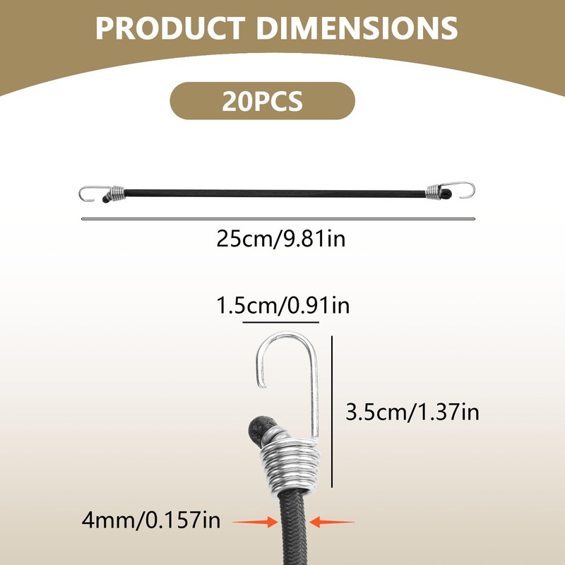 20 PCS Small Bungee Cords with Hooks, Black Adjustable Bungee