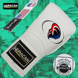 Boxing Gloves – Lace-Up – Sparring Gloves for Training, Muay Thai, Kickboxing – Leather – 10, 12, 14, 16 oz – Huracan Premium (White, 14 oz, Leather)