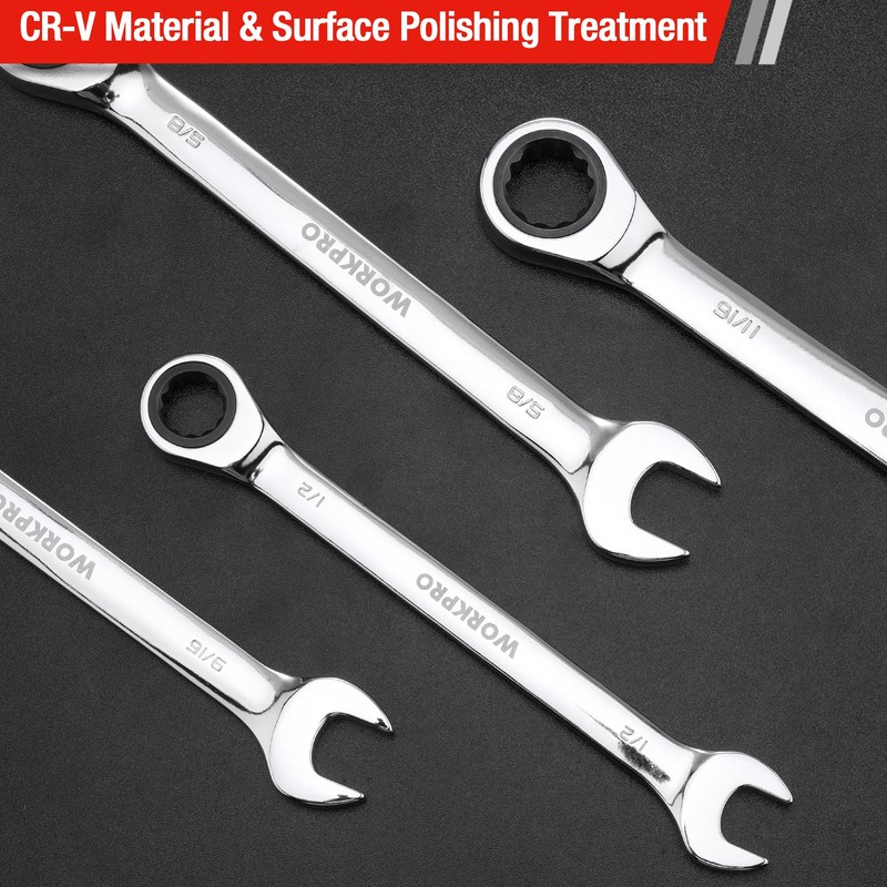 WORKPRO 7-Piece Ratcheting Combination Wrench Set, 72 Teeth, Cr-V Constructed,