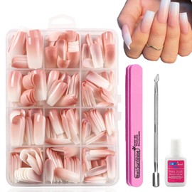240Pcs Gradient Pink Press On Nails with Glue - Long Square Glossy Fake Nails Kit for Women, Natural Ombre False Nails, Full Cover Stick On Nails (Easy DIY Application)