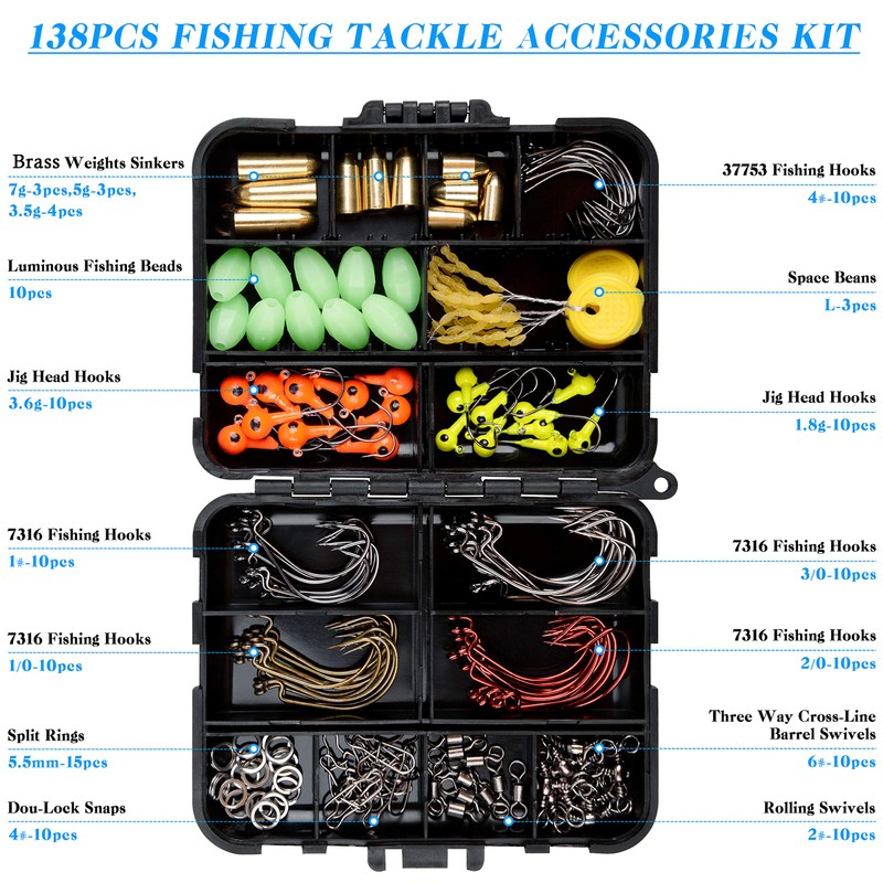 138pcs Fishing Accessories Set with Tackle Box Including Offset Worm