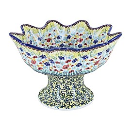 Blue Rose Polish Pottery Prairie Garden Pedestal Fruit Bowl