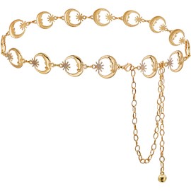 Glamorstar Chain Belts for Women Hollow Metal Waist Chain Belts Dress Belt for Her Circle Crystal Moon Gold 150CM