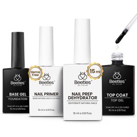 Beetles 4 Pcs 15ml Gel Top Coat and Base Coat Set with Nail Dehydrator and Primer,Professional Nail Prep Acid-Free & Hema-Free Dehydrate Bond Primer Set for Acrylic and Gel Nail Polish | beetles Gel Polish