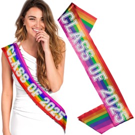 RhinestoneSash Graduation Sash Rainbow - Silver Glitter CLASS OF 2025" Rainbow PREMIUM GRADE SATIN Sash - Gay Teen Grad Party Supplies - Rainbow Sash(ClassOf25)