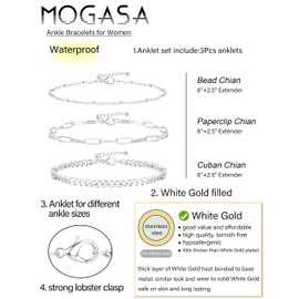 MOGASA 3-Piece Anklet for Women Set, Elegant Adjustable Anklets for Women, Stainless Steel Anklet, Gold & Silver, Hypoallergenic & Waterproof, Ideal as a Gift