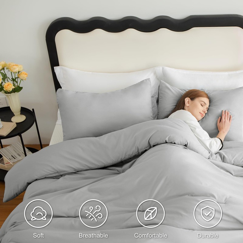 CozyLux Light Grey Comforter Set King Size, 3 Pieces Solid