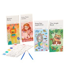 Foxchic Pocket Watercolor Painting Book Magic Color Book Set with Paint and Paint Brush for Kids/Beginners/Students/Children (Watercolor Book-4Pack)