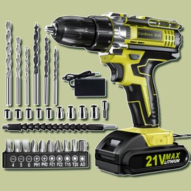 Cordless Drill Set, KELNOW 21V PowerDrill with Power Pack and Charger, 3/8-Inch Keyless Chuck ElectricDrill, 25+1 Position, 2 Speed, 27pcs Drilldriver Bits Tool Drills for DIY Projects