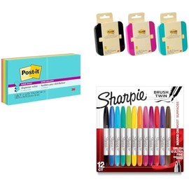 Post-it Notas Súper Adhesivas Pop-up, 7.6cm x 7.6 cm, 6 pads, 90 hojas por pad +Post-it Dispensador de Notas Adhesivas Pop Up+Sharpie Brush - Rotuladores permanentes surtido de 12 unidades