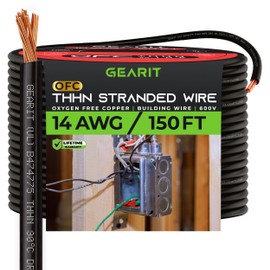 GearIT Stranded THHN Wire (14 Gauge, 150 Feet) 100% OFC Electrical Building Wire, Rated for Up to 600 Volts, Single Conductor, Nylon Jacket, UL Listed/RoHs Compliant - Black, 150ft