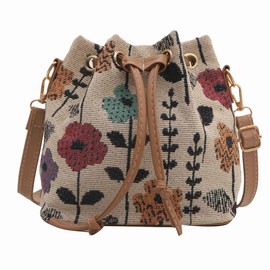cute bucket bags for women, kawaii small floral tote bag flower purse, mini embroidery aesthetic boho bag needlepoint barrel drawstring purse