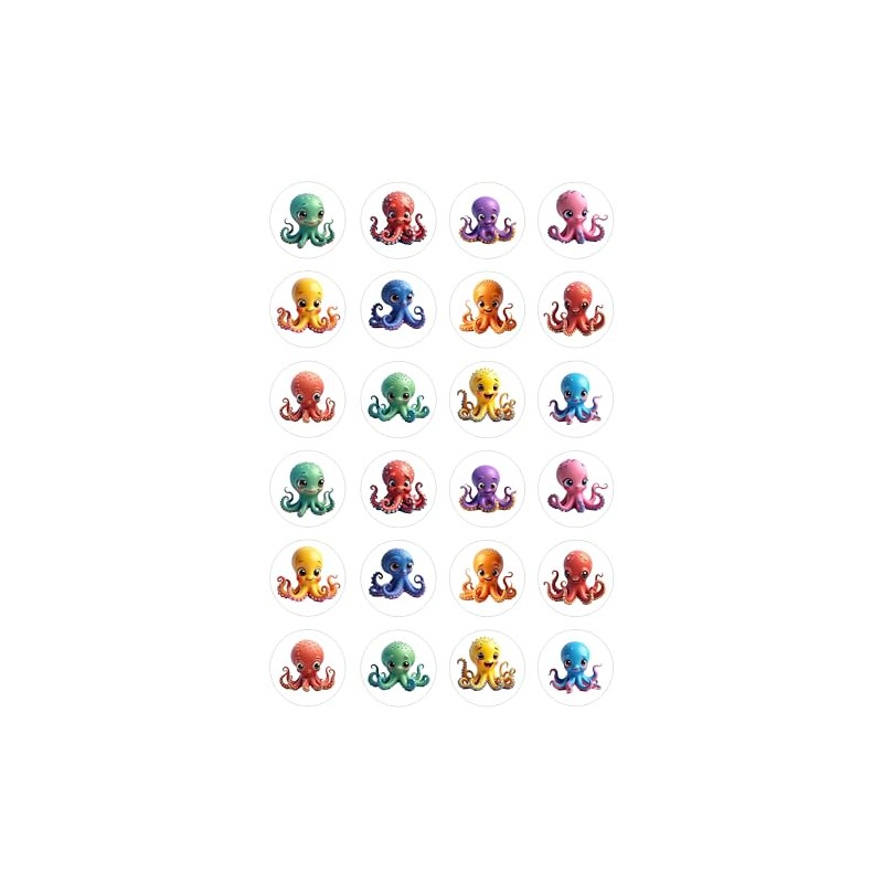 Cute Octopus Pre-cut Wafer Cupcake Toppers, Round Edible Decorations, Assorted