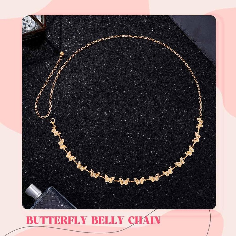 Zehope Butterfly Waist Chain Belt Gold Rhinestone Belly Belts for