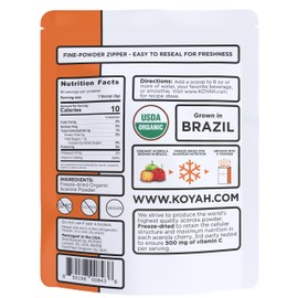 KOYAH - Organic Acerola Powder: Freeze-Dried, 100% Pure, 500 mg Natural Vitamin C per Scoop, Whole-Food, Non-GMO, Vegan, 60 Servings, Made from acerola Cherries Grown in Brazil