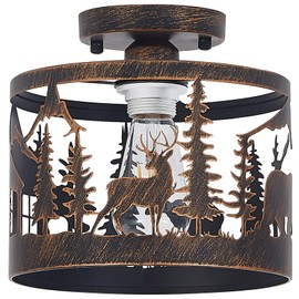 Monaxon Rustic Semi-Flush Ceiling Light, 9.1" Black Metal Fixture with Deer, Bear & Cabin Design, Farmhouse Lighting with E26 Base for Bedroom, Living Room, Hallway, or Entryway
