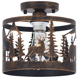 Monaxon Rustic Semi-Flush Ceiling Light, 9.1" Black Metal Fixture with Deer, Bear & Cabin Design, Farmhouse Lighting with E26 Base for Bedroom, Living Room, Hallway, or Entryway