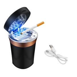 Sylvil Car Ashtray, Auto Ashtray with Cigar Electronic Lighter Solar Powered/USB Rechargeable, Smokeless Ash Tray with Lid & LED Blue Light, Universal Interior Car Accessories (Black)