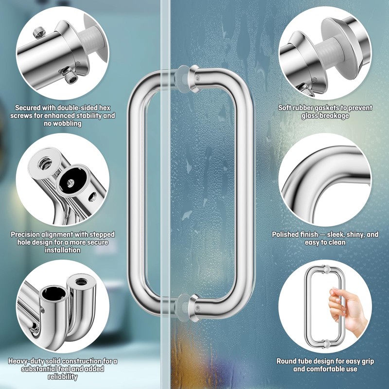 Ranbo 8" CTC Glass Shower Door Handle, 304 Stainless Steel,