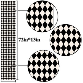 Nepnuser Black White Diamond Table Runner Tea Themed Party Decoration Picnic Holiday Harlequin Checkered Table Cover for Kitchen Dining Room 72Inches Long