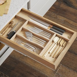 WelFurGeer Silverware Drawer Organizer Tray, Utensil Organizer for Kitchen Drawers, Wood Cutlery Tray Organizer in Drawer, Flatware Drawer Organizer for Flatware, Knives in Kitchen (Natural)