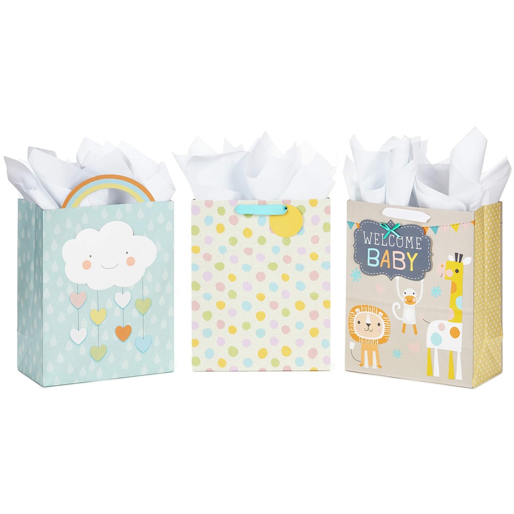 Hallmark 13" Large Baby Shower Gift Bags Assortment with Tissue Paper (Pack of 3, Cloud and Rainbow, Giraffe, Pastel Polka Dots)