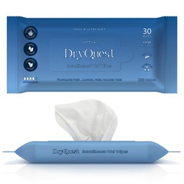 DryQuest Incontinence Wet Wipes, Pack of 30 Travel Wipes- Versatile, Soft & Moist, Fragrance and Alcohol Free - Formulated for Sensitive Skin for Adults with Aloe Vera & Chamomile Extract (20 x 28 cm)