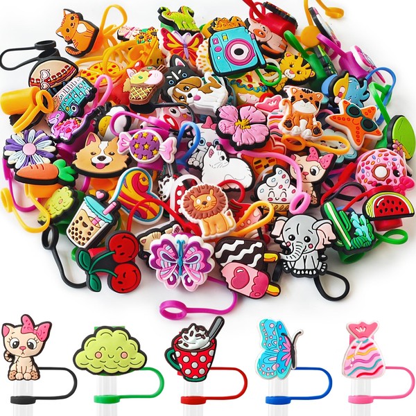 OJYUDD 60 Pcs Different Random Straw Covers Cap,PVC Cute Drinking