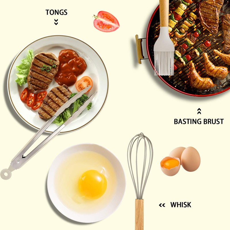 MIBOTE Silicone Cooking Kitchen Utensils Set with Holder, Wooden Handles