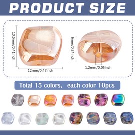 PH PandaHall 150pcs 15 Colours Twisted Galvanised Glass Beads 10 mm Square Loose Spacer Beads Transparent Galvanised Glass Beads for Bracelets Jewellery Making DIY Crafts