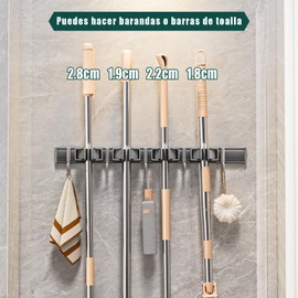 Tofaney Broom Holder Wall Mount Movable Hooks and Clips Mop and Broom Hanger Wall Mounted Aluminum Garage Tool Organizer Storage adhesive (40cm, Grey)