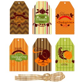 60 Pcs Thanksgiving Gift Tags Autumn Theme Paper Tags with String Hanging Craft Label for Fall Harvest Party Holiday DIY Letters Gift Wrapping Decoration