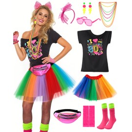 CEELGON 80s Outfit for Women 1980s Accessories Costume 1980 Style Dress Clothing Neon T-Shirt Tutu Skirt Socks 80 s Party Outfits (L)