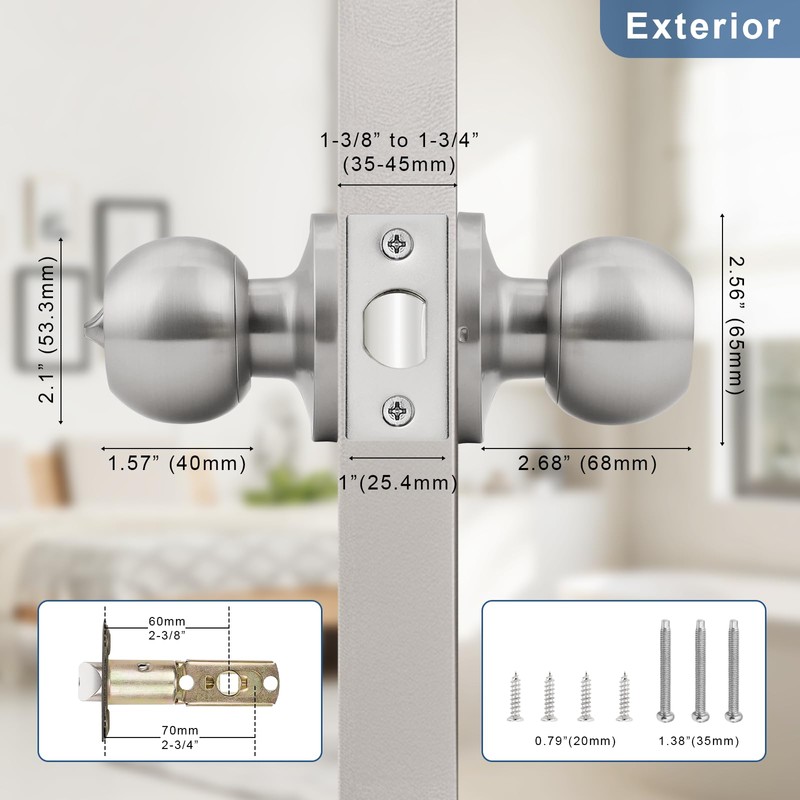 Knobonly 10 Pack Privacy Door Knobs Satin Nickel, Keyless Door