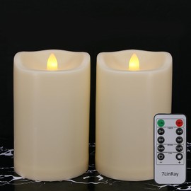 7LinRay Waterproof Outdoor Flameless Candles with Remote and Timers, 1000 Hours Battery Operated Large LED Flickering Pillar Candles, Ivory Plastic, Set of 2 (D 4" x H 6")